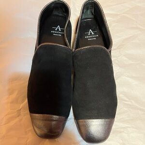 Aquatalia Women's Black Suede Loafers with Silver Tips